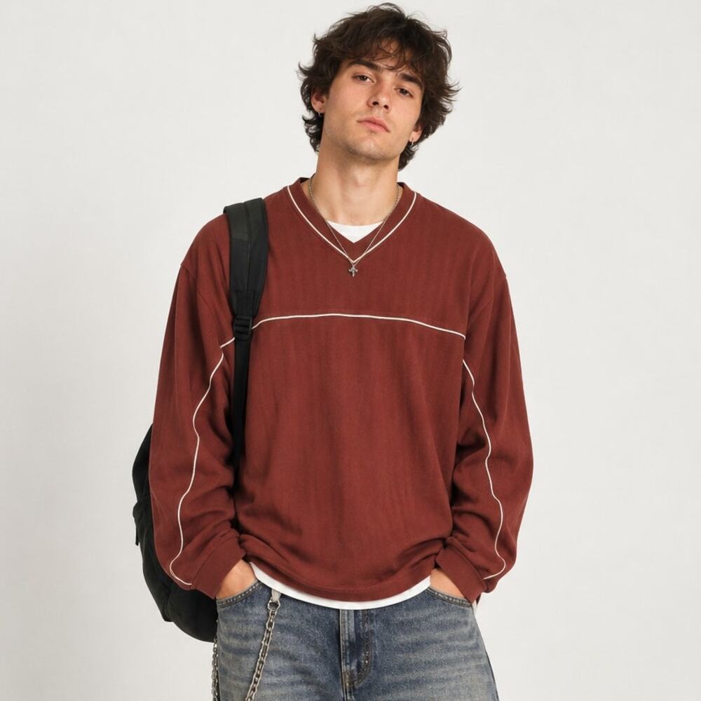 Vintage 90s Grunge Varsity Striped Rib Sweater XL Burnt Orange V-Neck Pullover